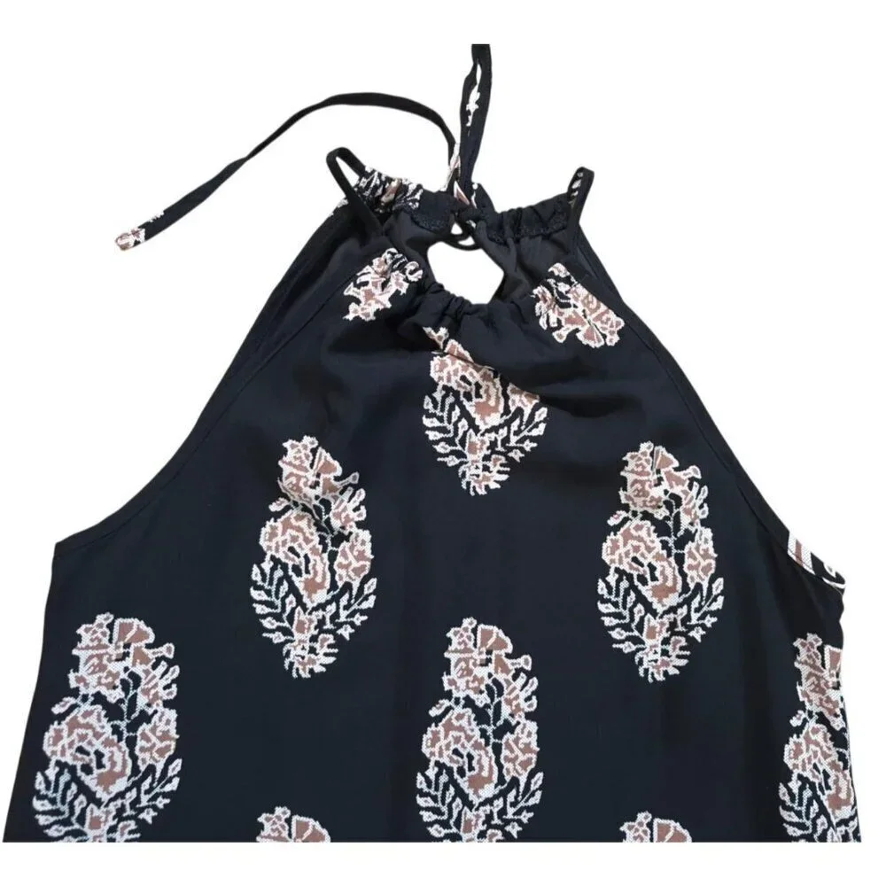 Black Floral Halter Dress Womens XS Sleeveless Tie Back Summer Boho Mini Dress